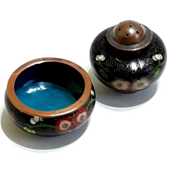 Chinese Cloisonne Open Salt & Pepper Vintage Enamel Brass Floral Black Rose Blue - Picture 6 of 8